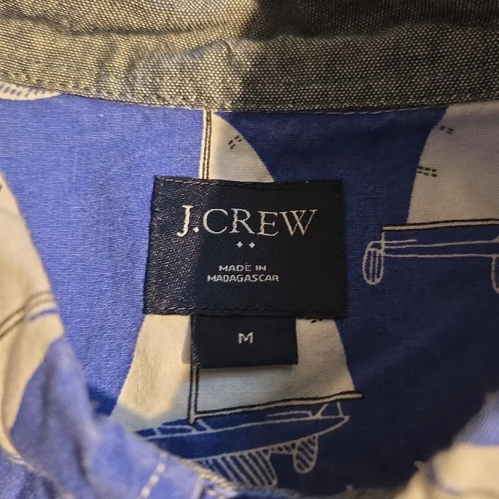 J Crew Shirt Mens Medium Blue Sailboats Button Down Short Sleeve Pocket